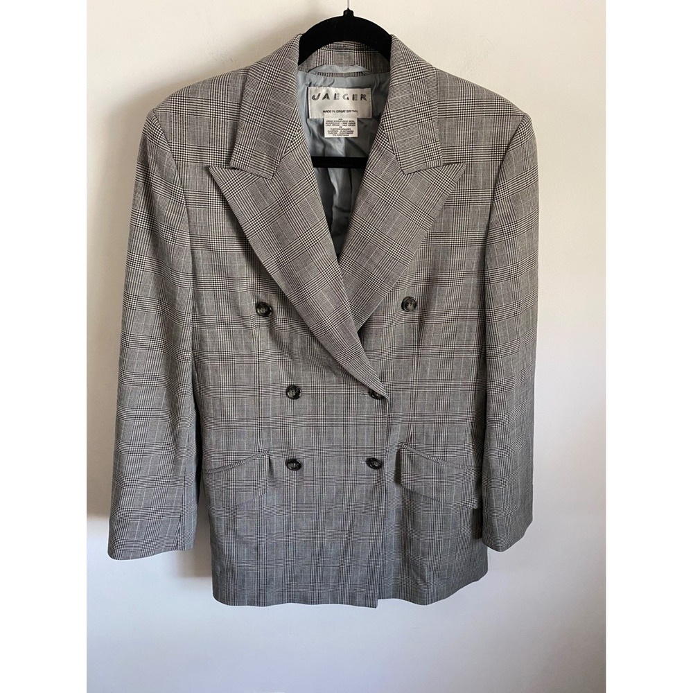 Jaeger Grey Glen Plaid Virgin Wool Double Breasted Blazer Made in GB Size 6